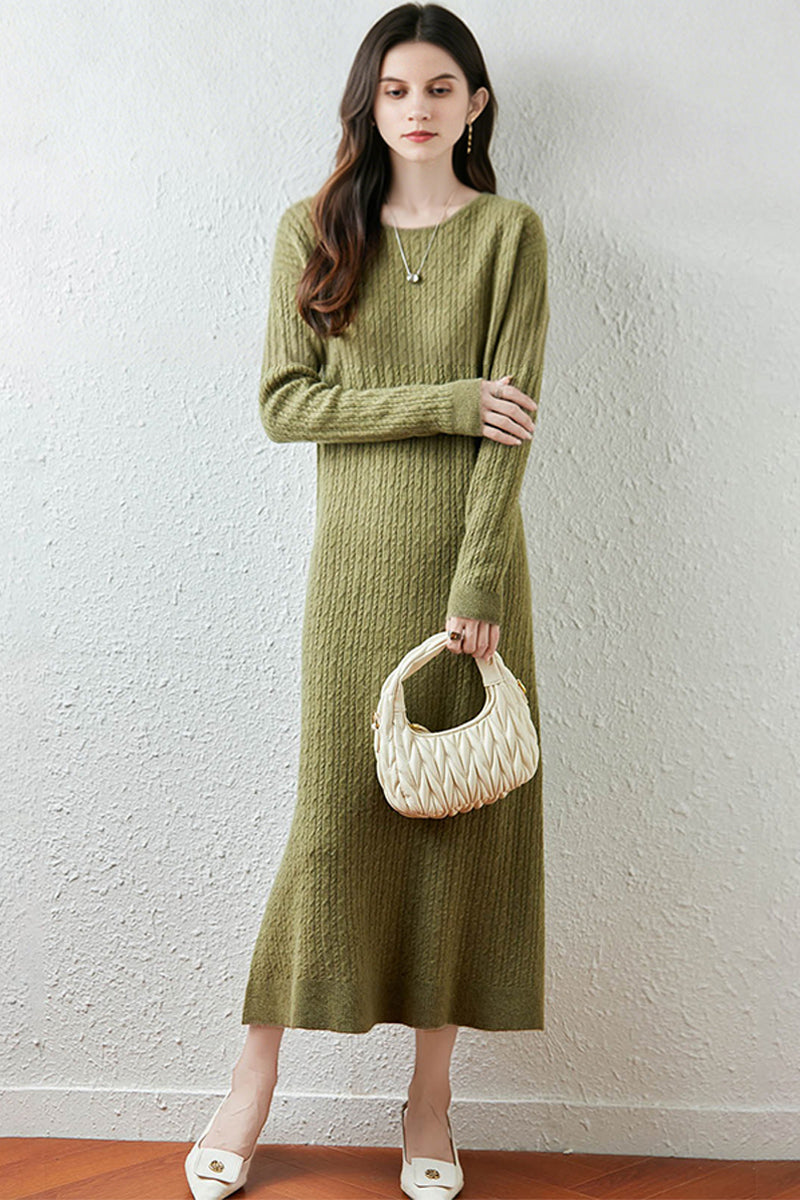 100% Wool Long Sleeve Cable Knit Maxi Sweater Dress