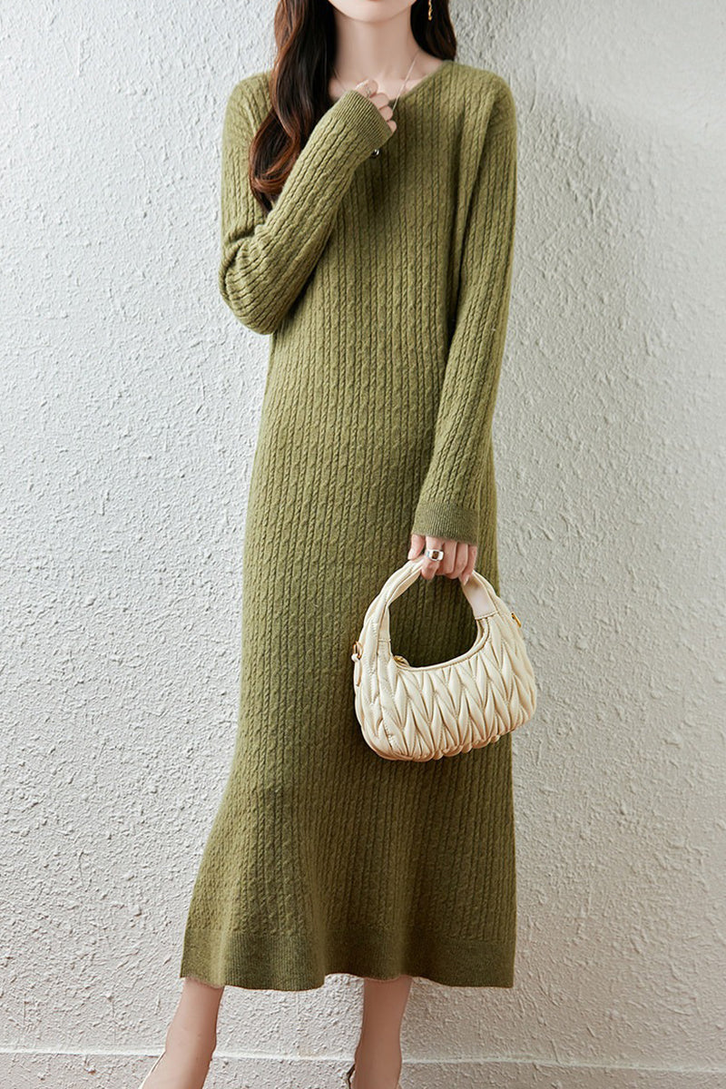 100% Wool Long Sleeve Cable Knit Maxi Sweater Dress