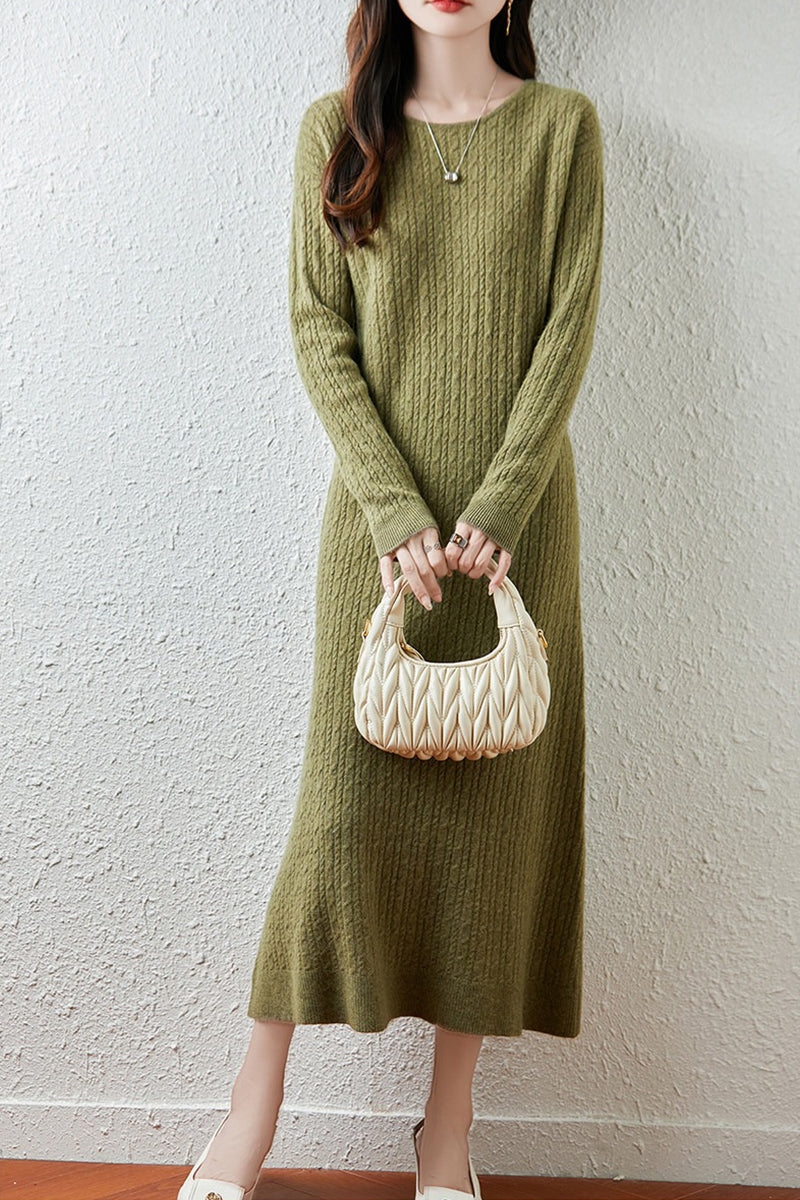 100% Wool Long Sleeve Cable Knit Maxi Sweater Dress