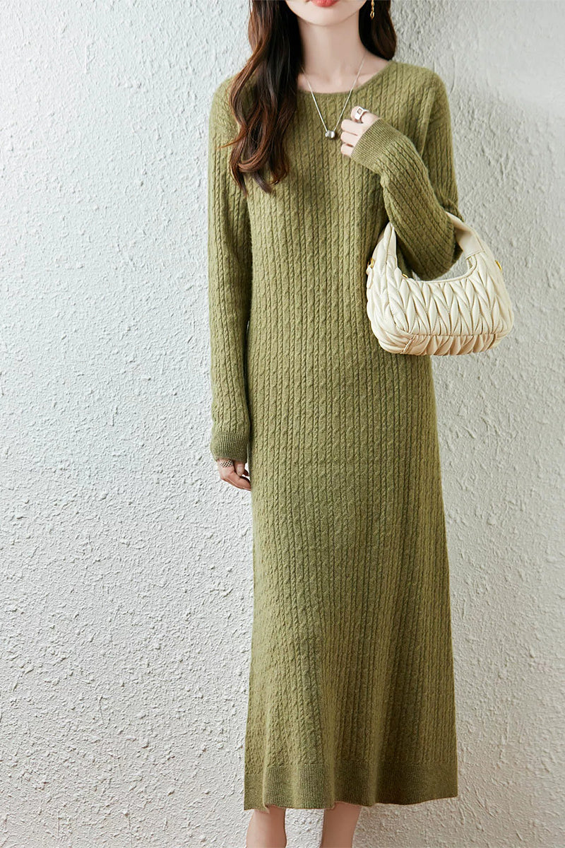 100% Wool Long Sleeve Cable Knit Maxi Sweater Dress