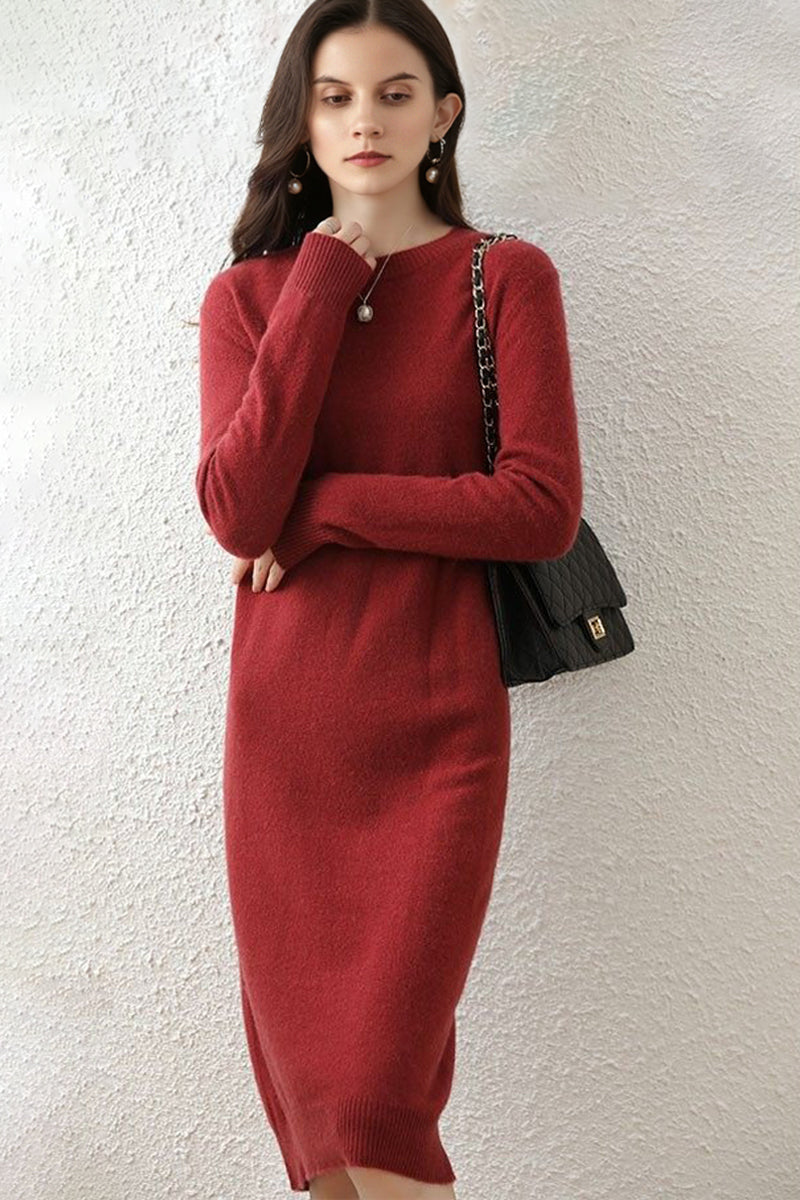 100% Wool Long Sleeve Crewneck Sweater Dress