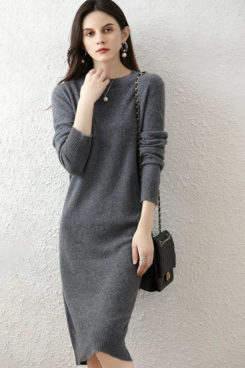 100% Wool Long Sleeve Crewneck Sweater Dress