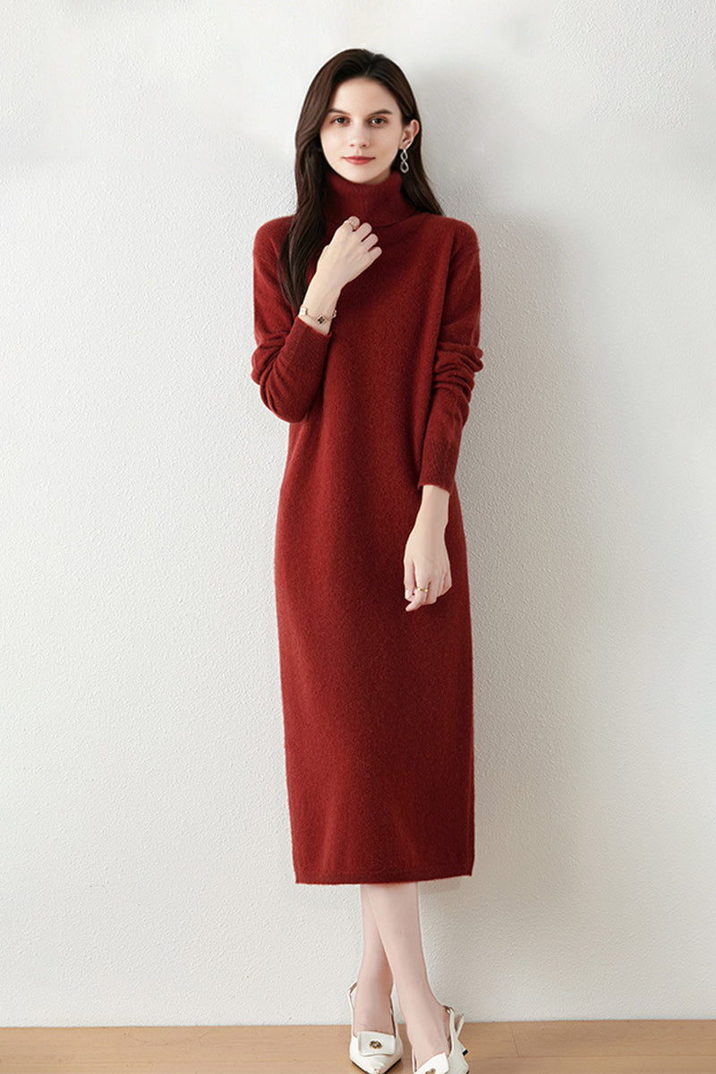 100% Wool Long Sleeve Turtleneck Midi Sweater Dress