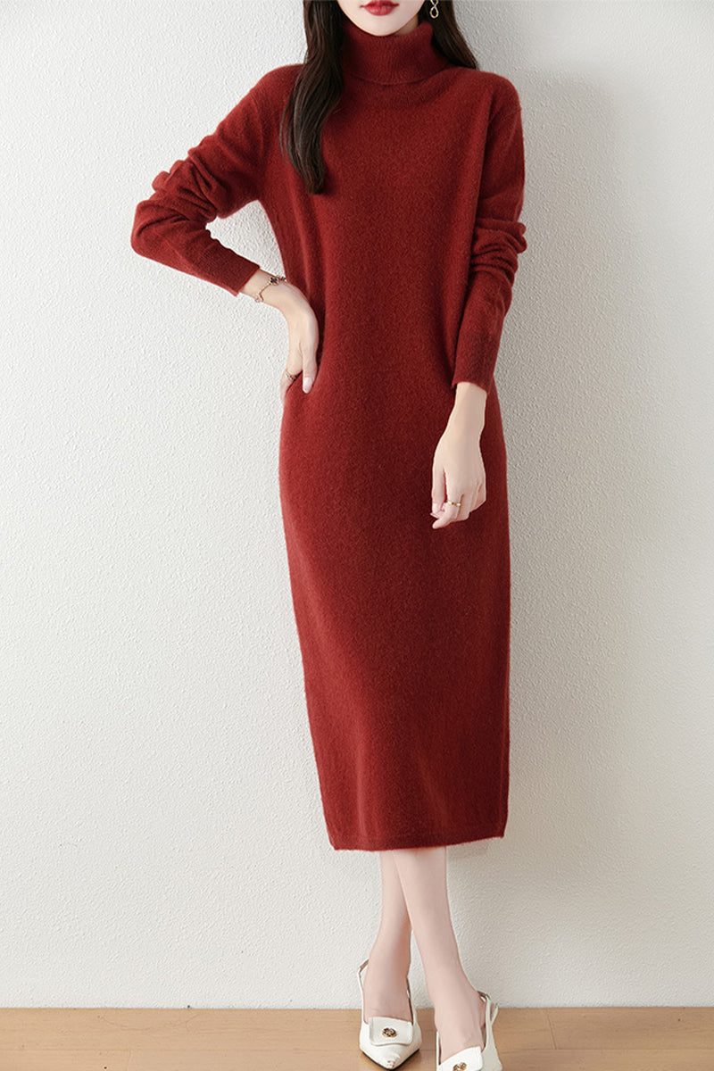 100% Wool Long Sleeve Turtleneck Midi Sweater Dress