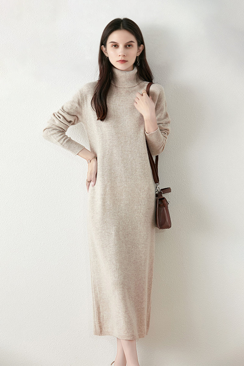 100% Wool Long Sleeve Turtleneck Midi Sweater Dress