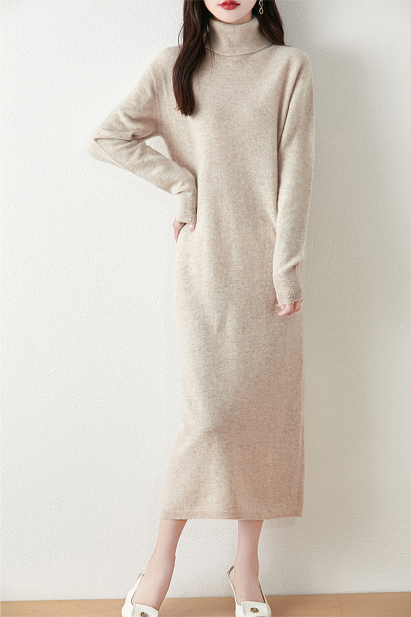 100% Wool Long Sleeve Turtleneck Midi Sweater Dress