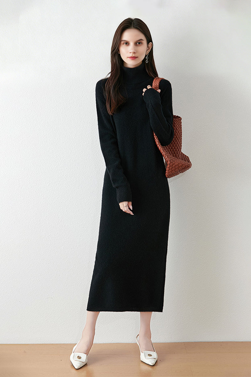 100% Wool Long Sleeve Turtleneck Midi Sweater Dress