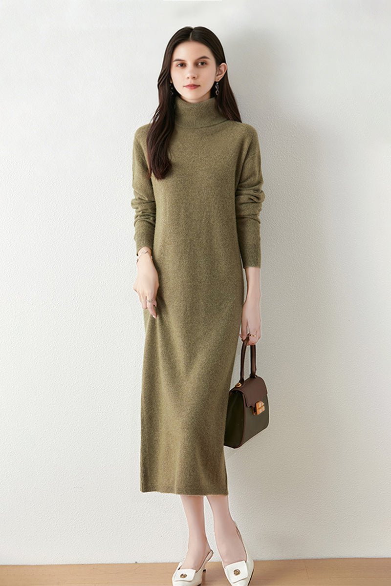 100% Wool Long Sleeve Turtleneck Midi Sweater Dress