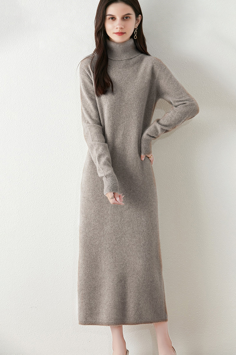 100% Wool Long Sleeve Turtleneck Midi Sweater Dress