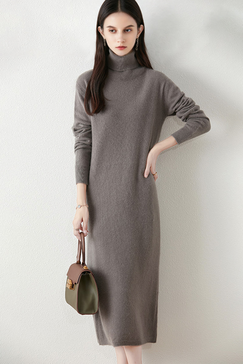 100% Wool Long Sleeve Turtleneck Midi Sweater Dress