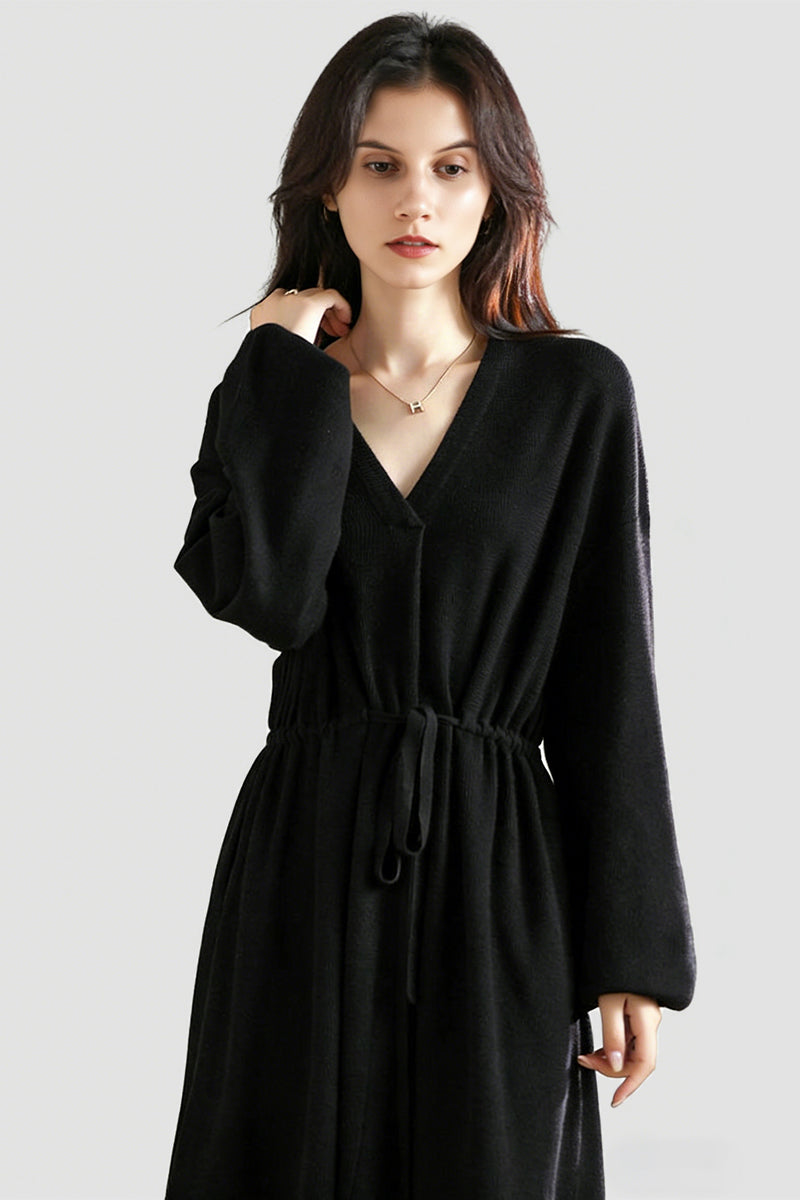 100% Wool Long Sleeve V-Neck Drawstring Sweater Dress