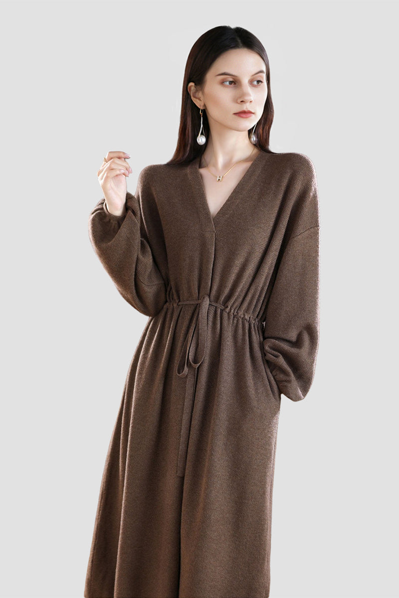 100% Wool Long Sleeve V-Neck Drawstring Sweater Dress