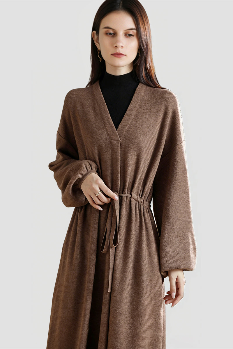 100% Wool Long Sleeve V-Neck Drawstring Sweater Dress