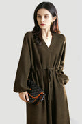 100% Wool Long Sleeve V-Neck Drawstring Sweater Dress