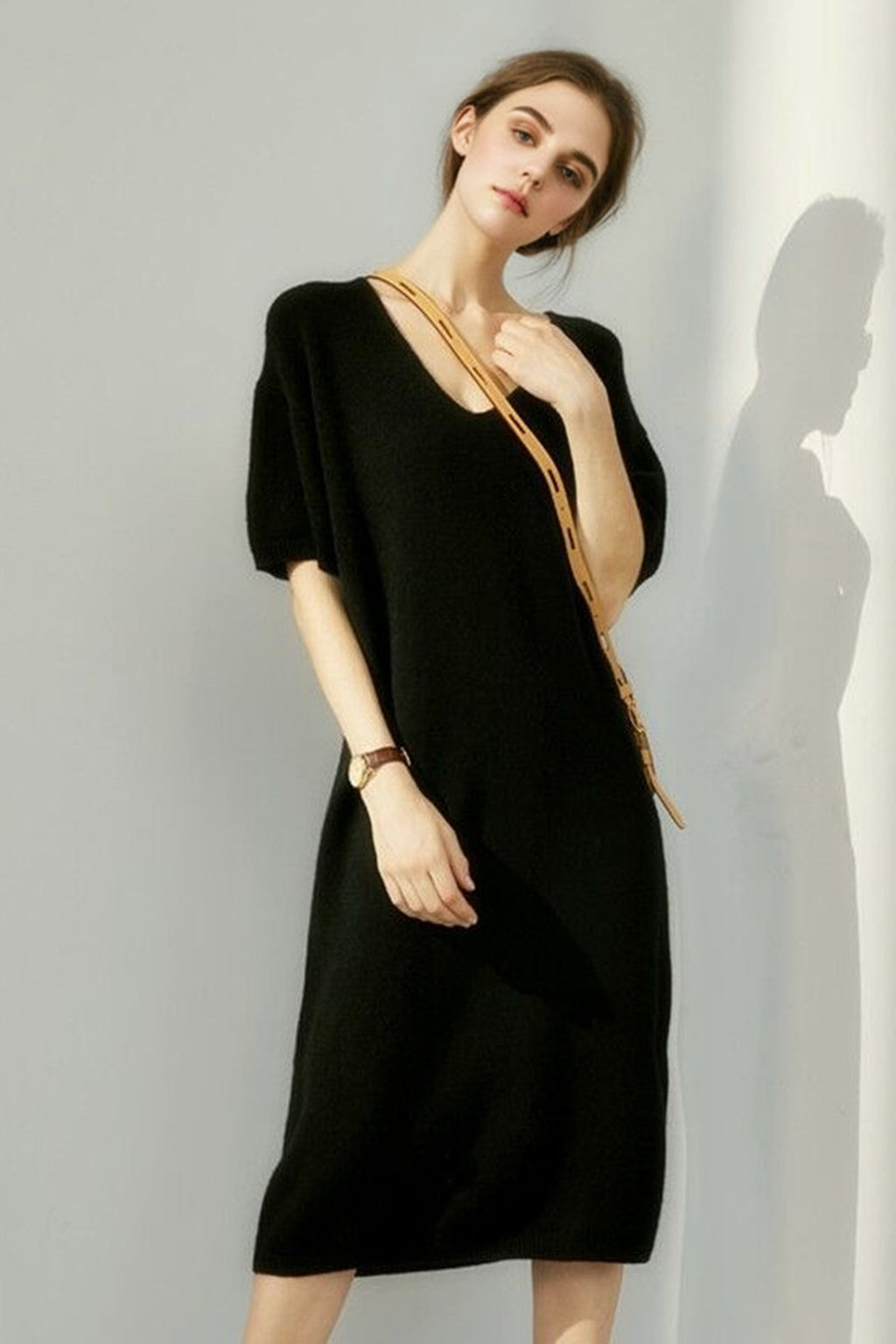 100% Wool Short Sleeve V-Neck Midi Sweater Dress