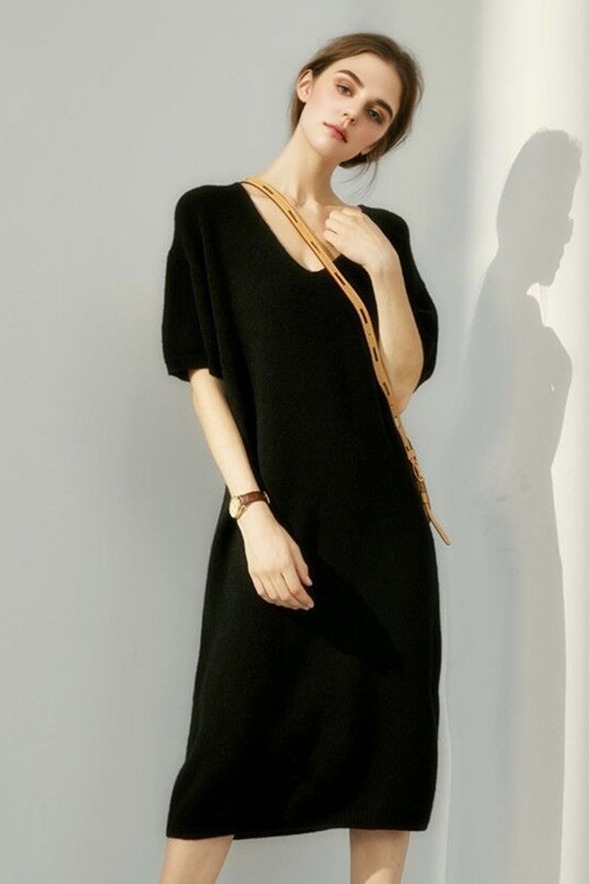 100% Wool Short Sleeve V-Neck Midi Sweater Dress