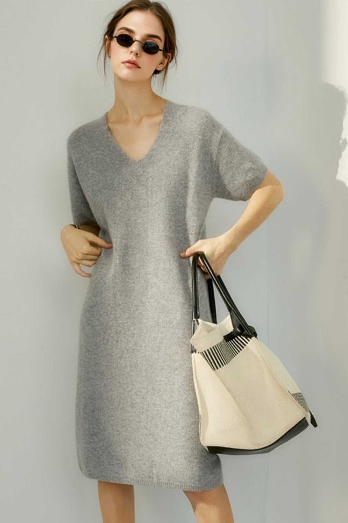 100% Wool Short Sleeve V-Neck Midi Sweater Dress