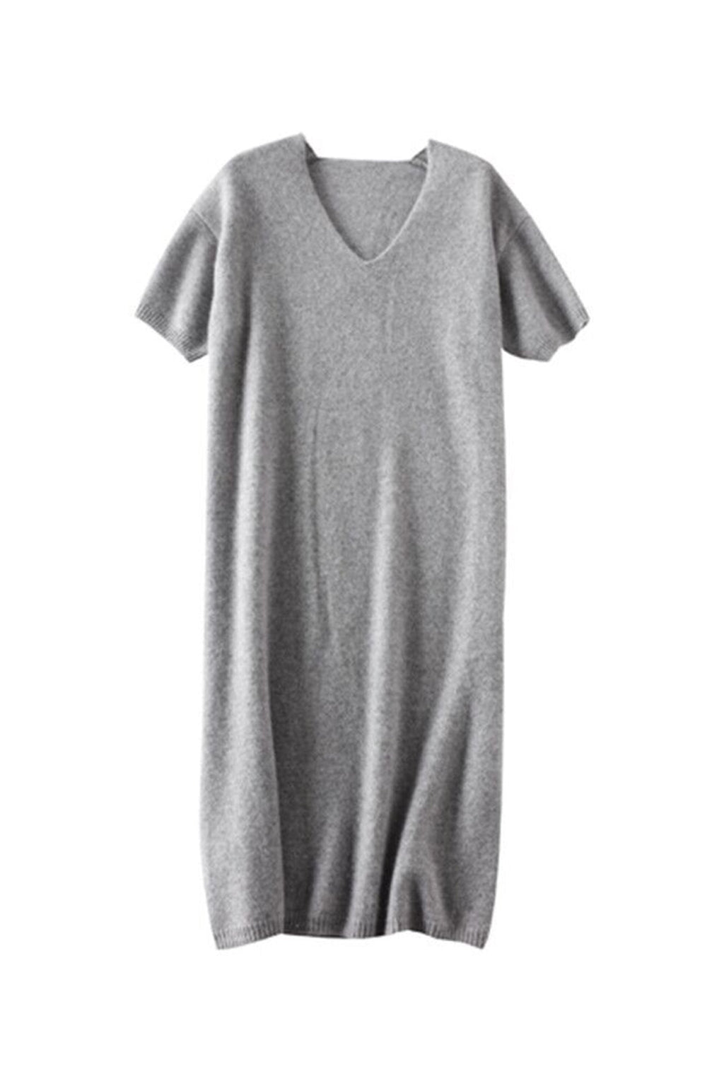 100% Wool Short Sleeve V-Neck Midi Sweater Dress