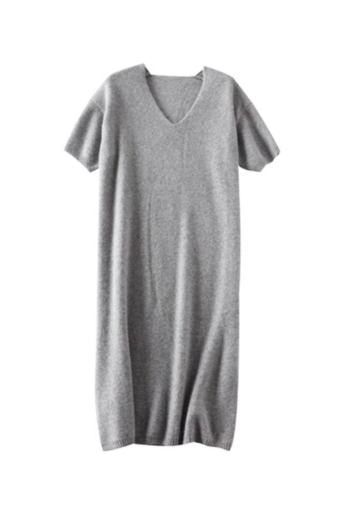 100% Wool Short Sleeve V-Neck Midi Sweater Dress