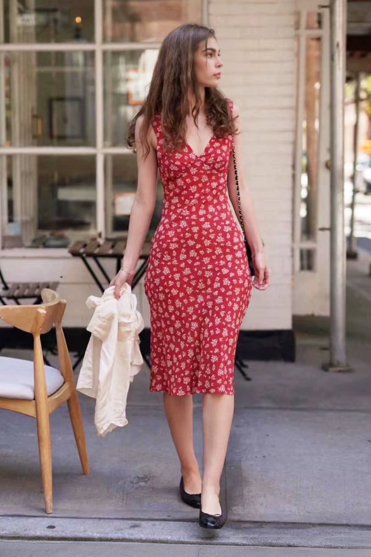 16 Momme Silk Floral Double Crepe V-Neck Midi Dress