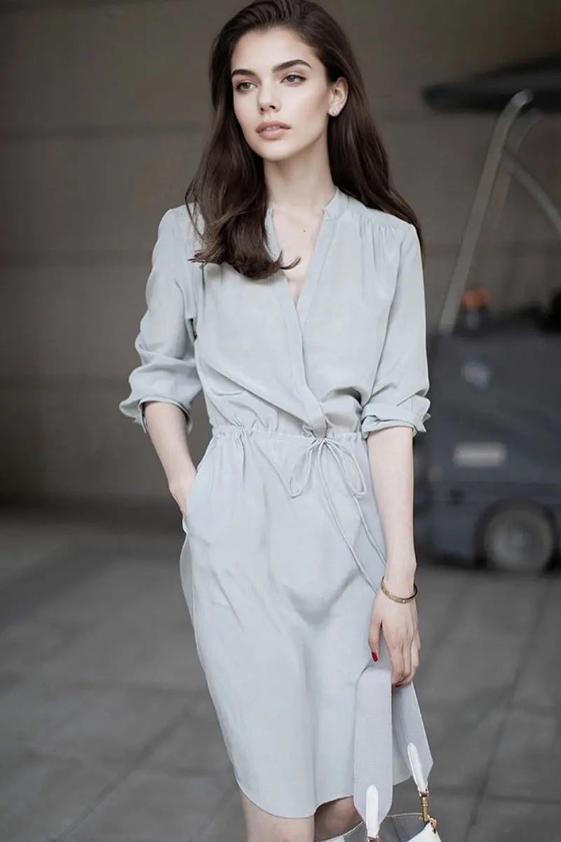 19 MM Silk Elbow-Sleeve Drawstring Waist Midi Dress