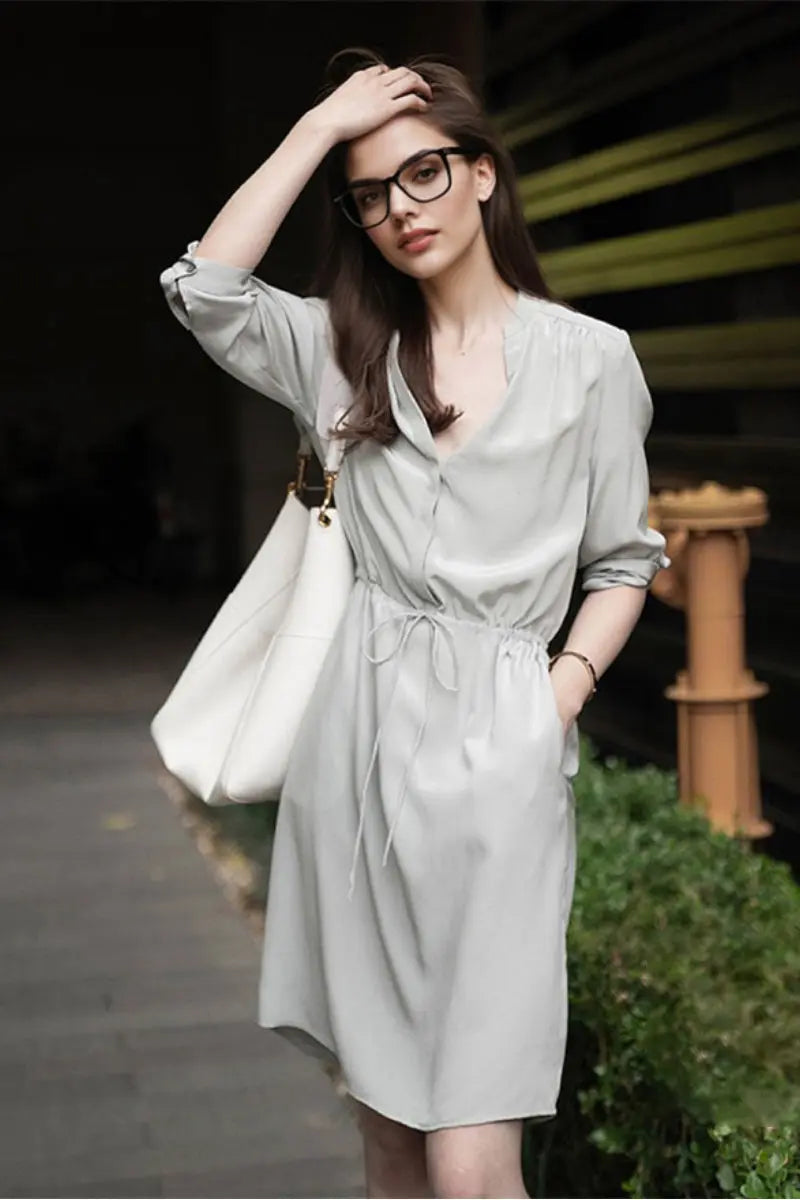 19 MM Silk Elbow-Sleeve Drawstring Waist Midi Dress