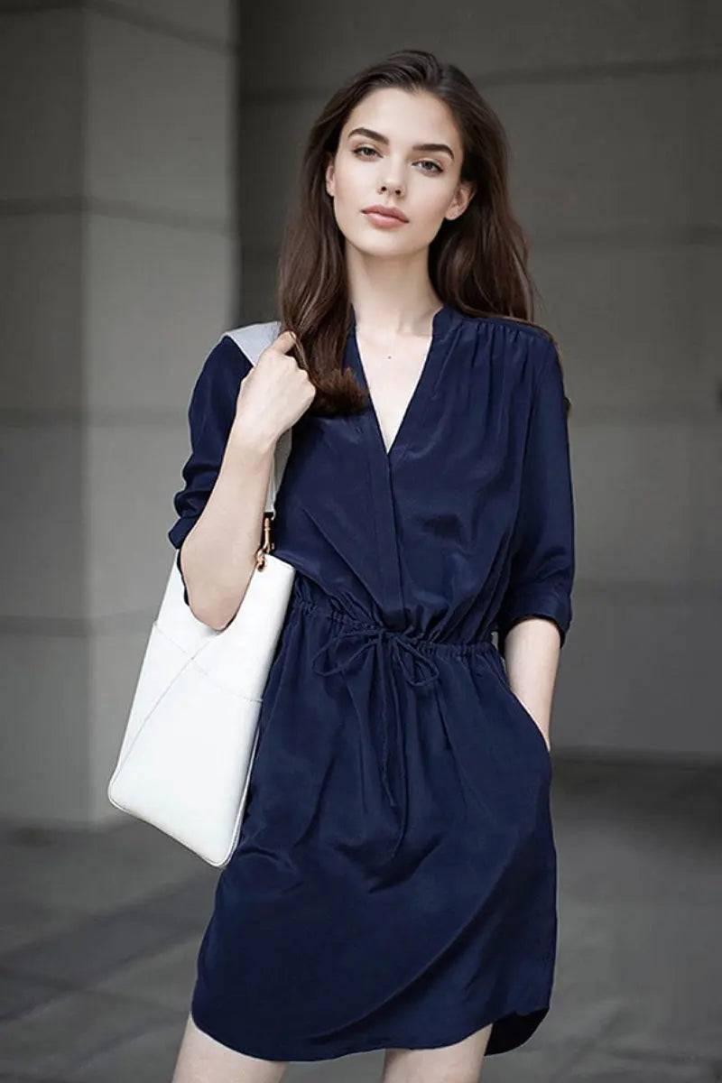 19 MM Silk Elbow-Sleeve Drawstring Waist Midi Dress