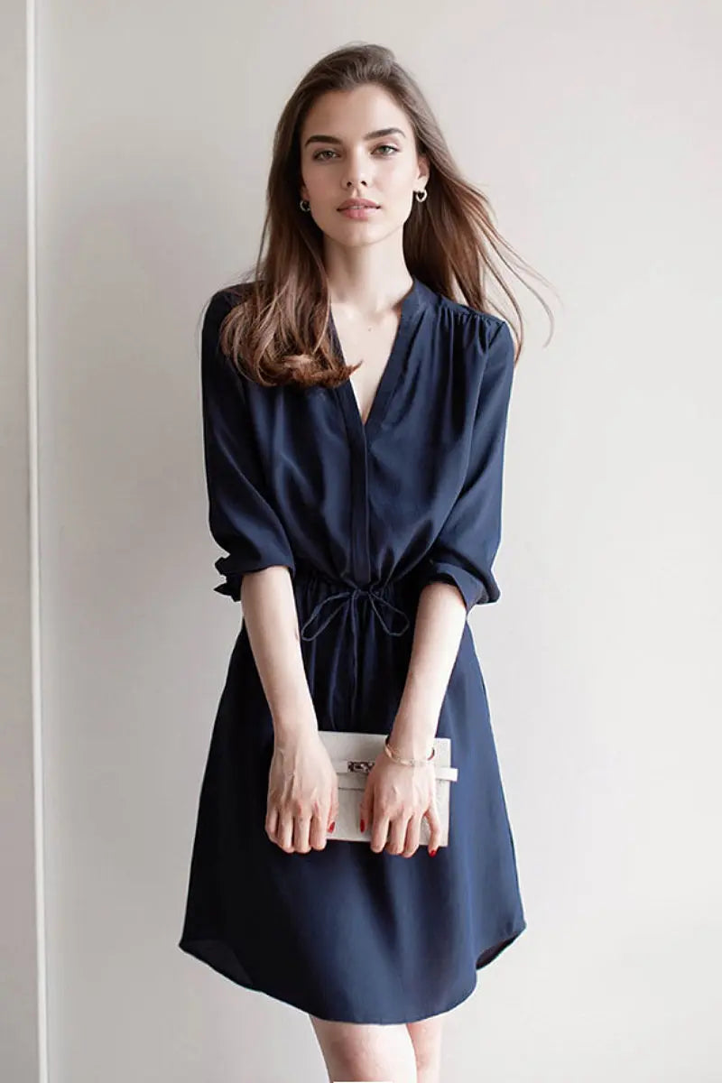 19 MM Silk Elbow-Sleeve Drawstring Waist Midi Dress