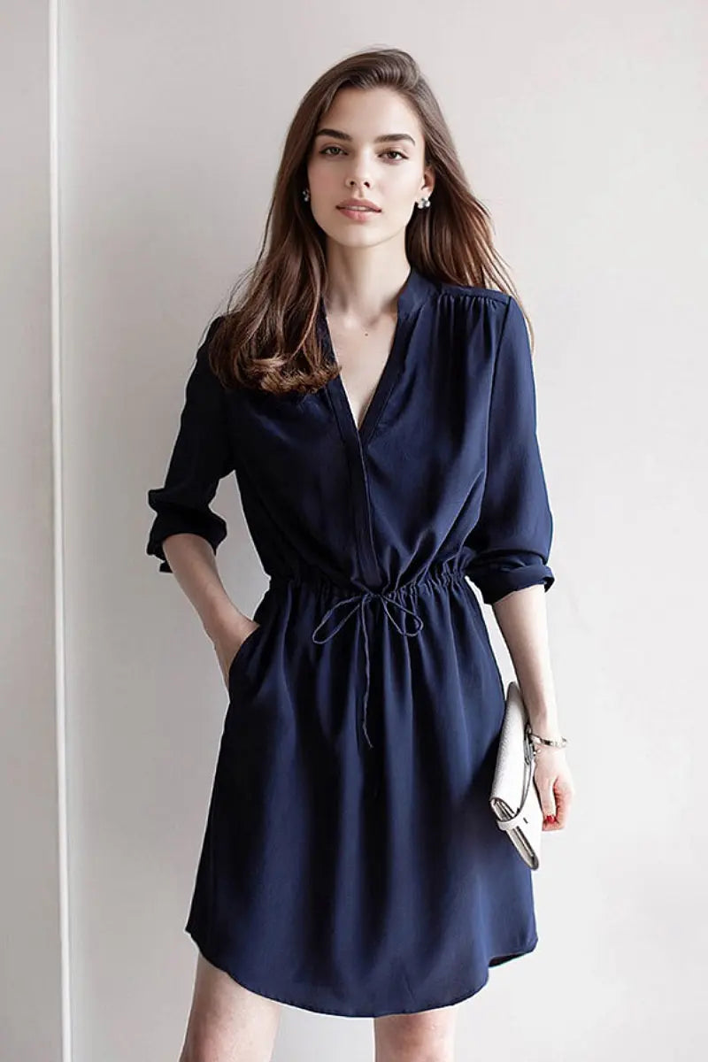 19 MM Silk Elbow-Sleeve Drawstring Waist Midi Dress