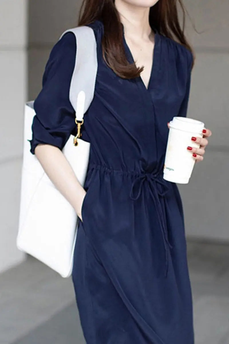 19 MM Silk Elbow-Sleeve Drawstring Waist Midi Dress
