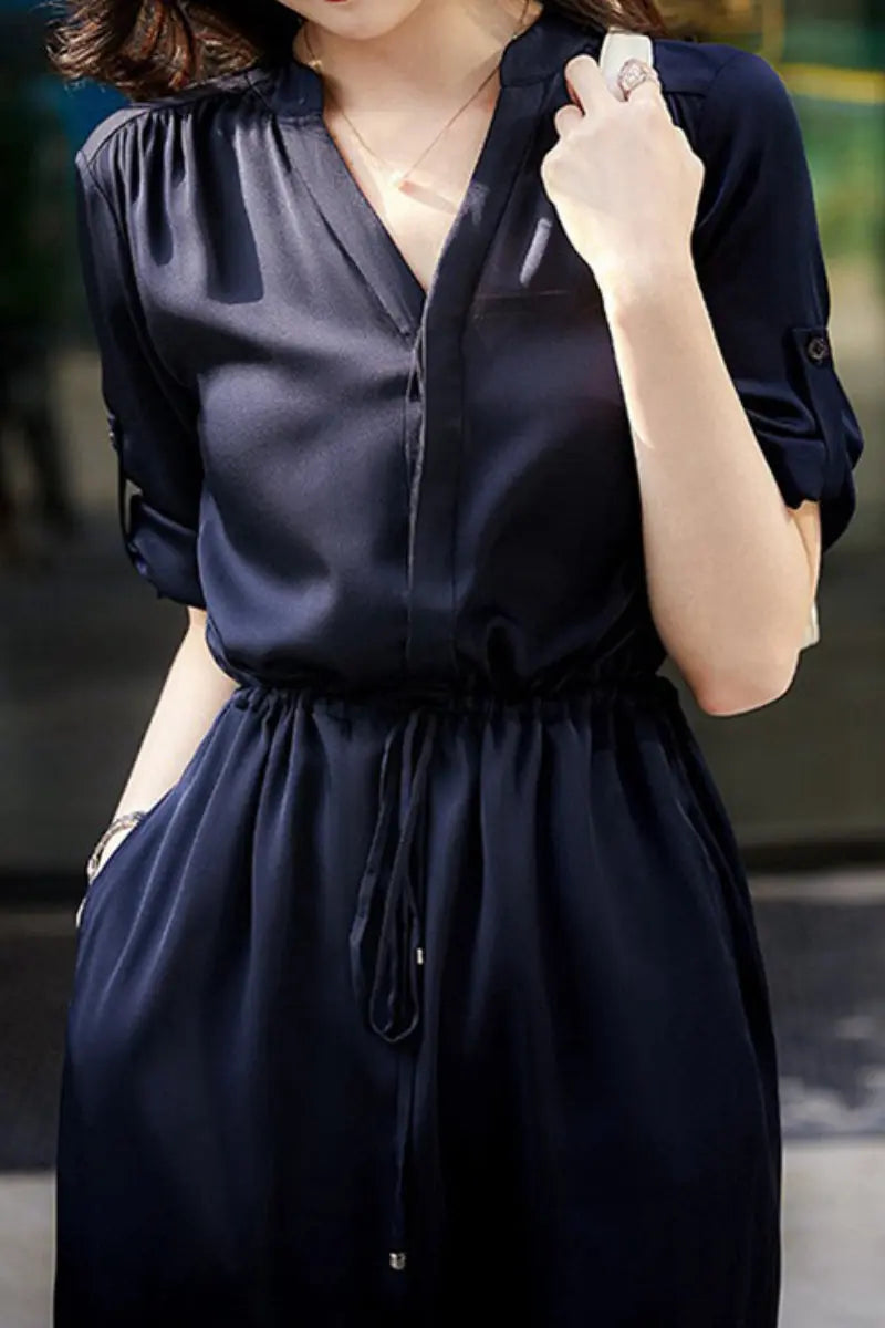 19 MM Silk Elbow-Sleeve Drawstring Waist Midi Dress