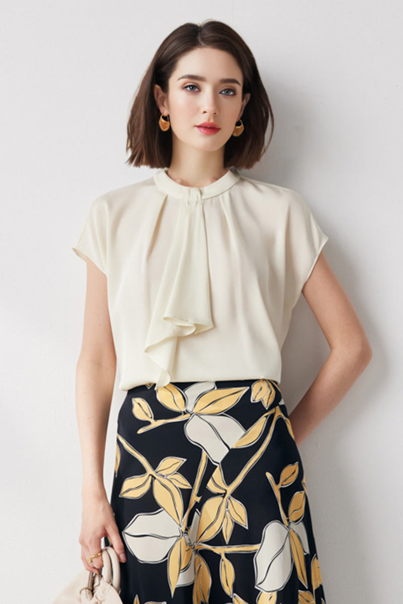 19 Momme Silk Cap-Sleeve Crewneck Ribbon Blouse