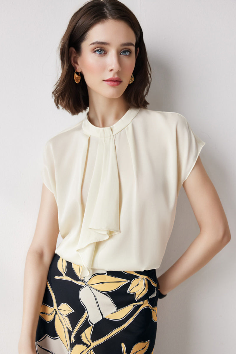 19 Momme Silk Cap-Sleeve Crewneck Ribbon Blouse