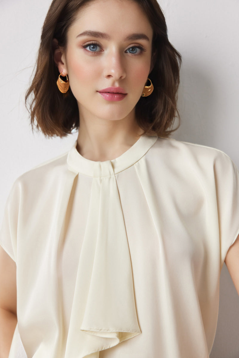 19 Momme Silk Cap-Sleeve Crewneck Ribbon Blouse