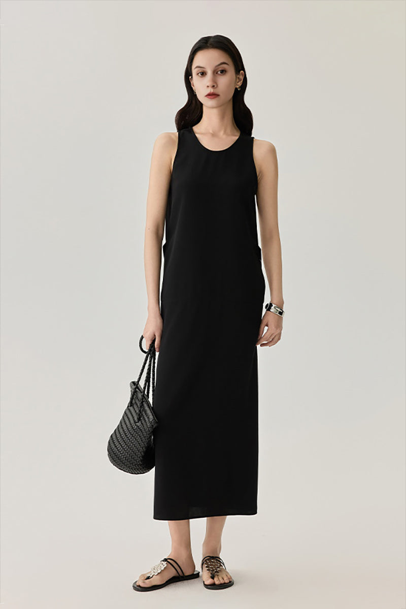 22 Momme Mulberry Silk Tie-Back Scoop-Neck Midi Tank Dress in Black
