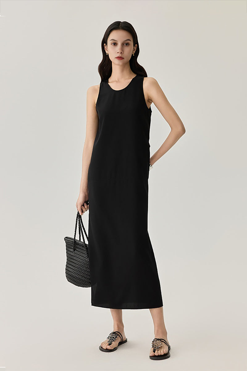 22 Momme Mulberry Silk Tie-Back Scoop-Neck Midi Tank Dress in Black