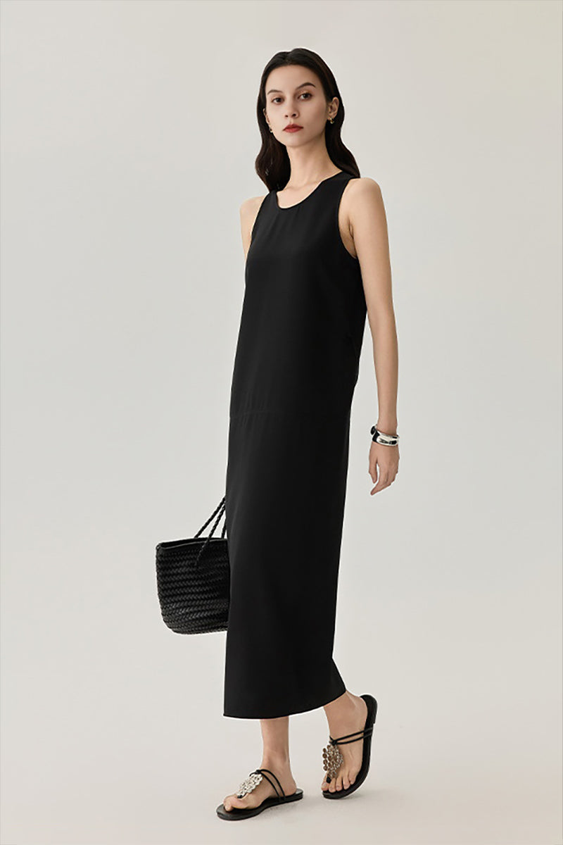 22 Momme Mulberry Silk Tie-Back Scoop-Neck Midi Tank Dress in Black