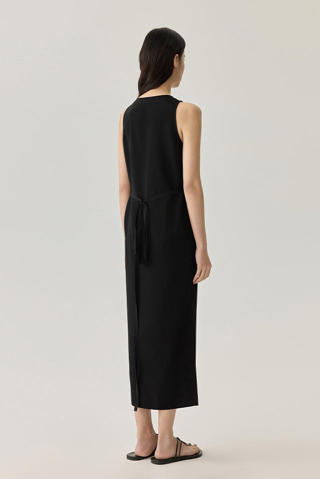22 Momme Mulberry Silk Tie-Back Scoop-Neck Midi Tank Dress in Black