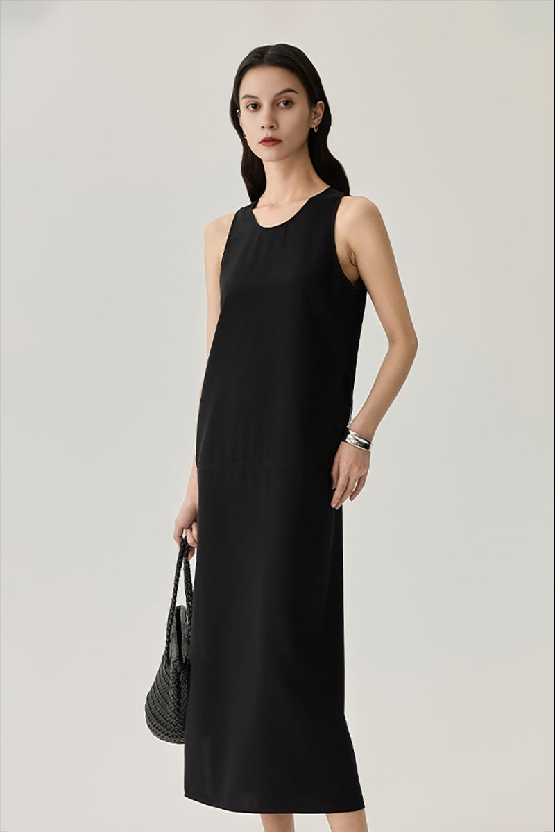 22 Momme Mulberry Silk Tie-Back Scoop-Neck Midi Tank Dress in Black