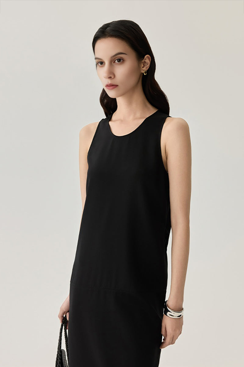 22 Momme Mulberry Silk Tie-Back Scoop-Neck Midi Tank Dress in Black