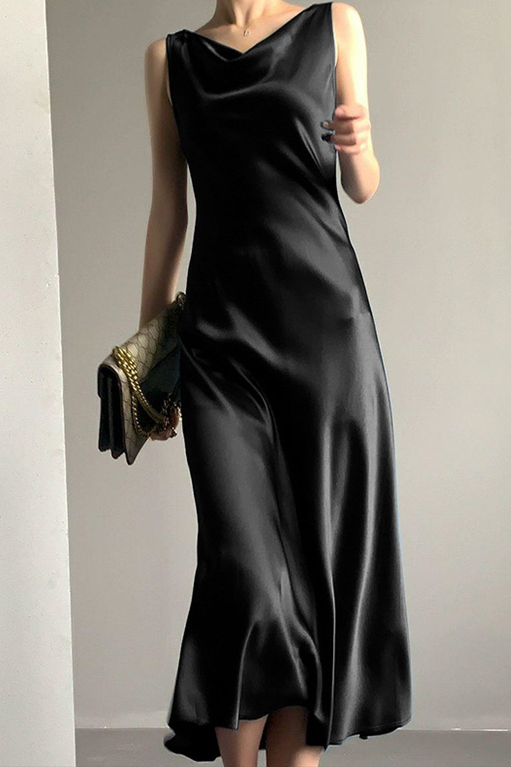 22 Momme Silk Sleevelss Cowl Neck Midi Dress