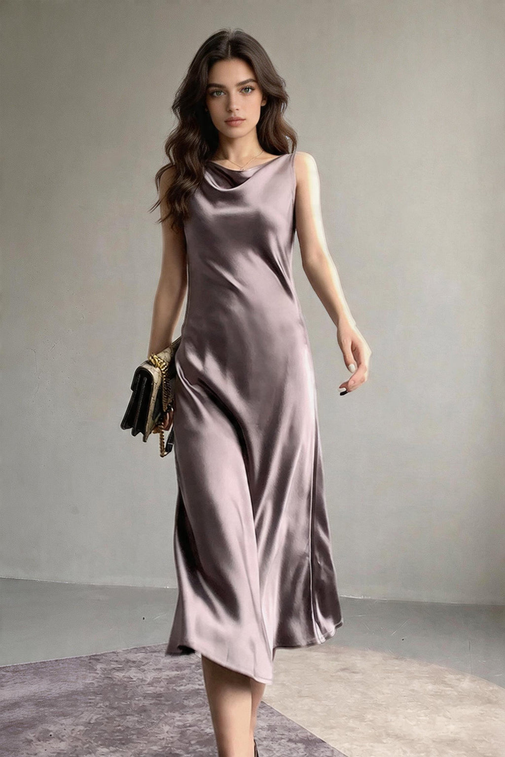 22 Momme Silk Sleevelss Cowl Neck Midi Dress