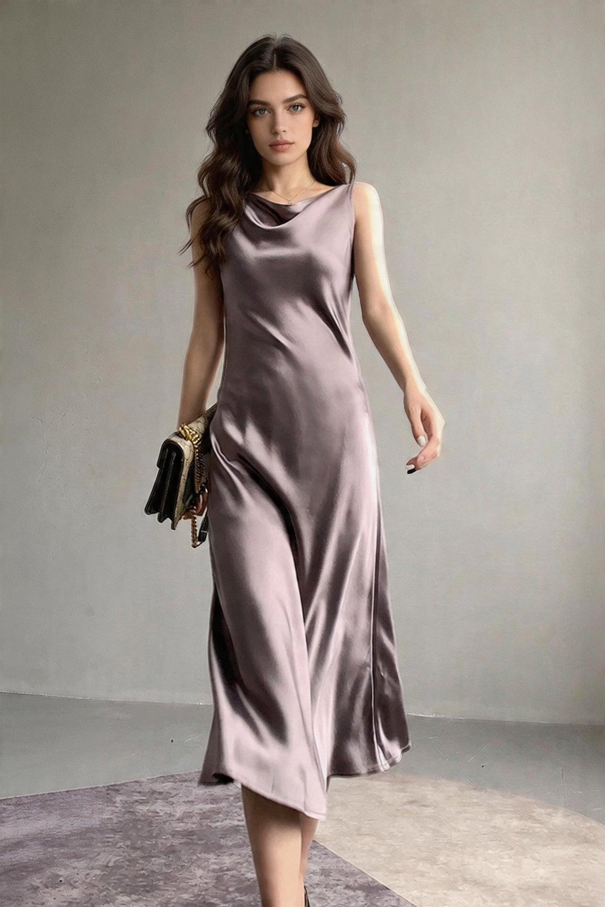 22 Momme Silk Sleevelss Cowl Neck Midi Dress