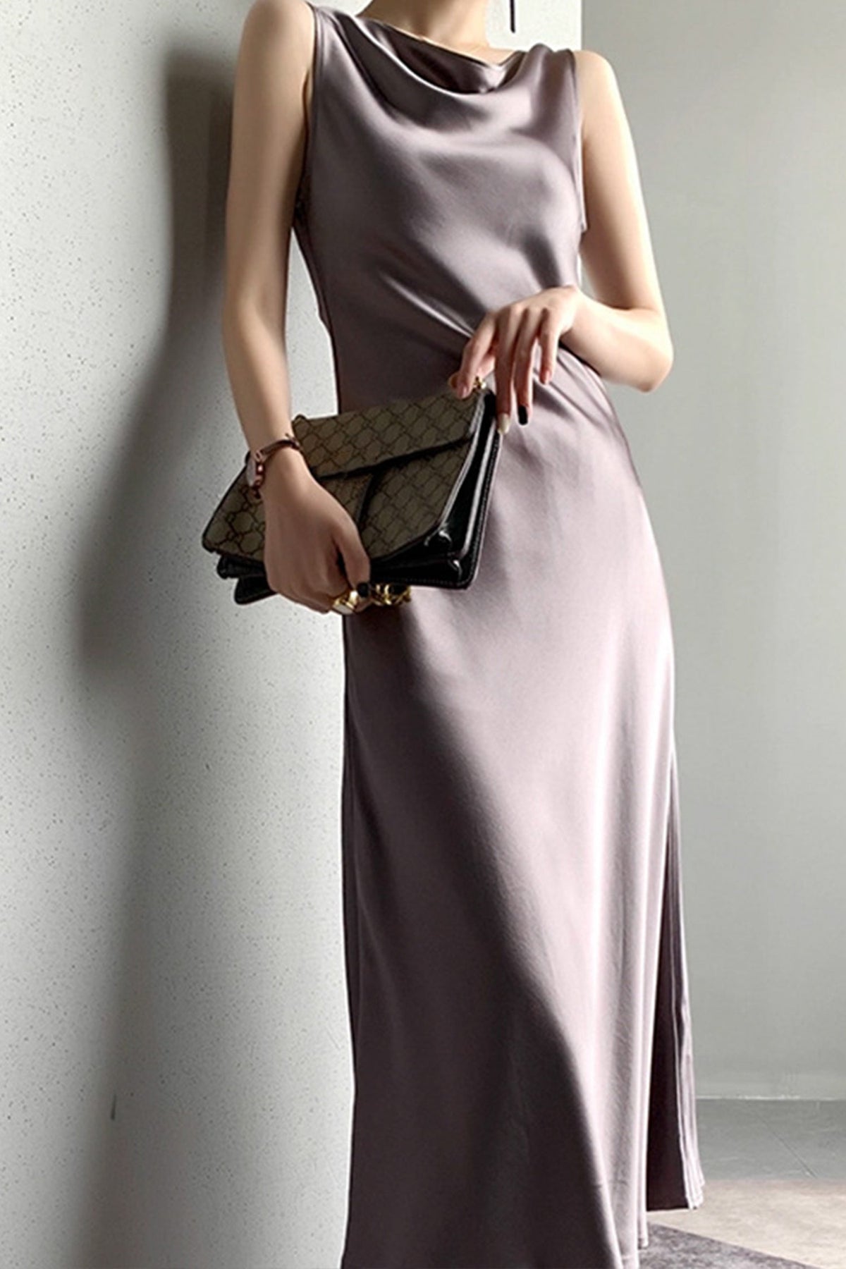 22 Momme Silk Sleevelss Cowl Neck Midi Dress