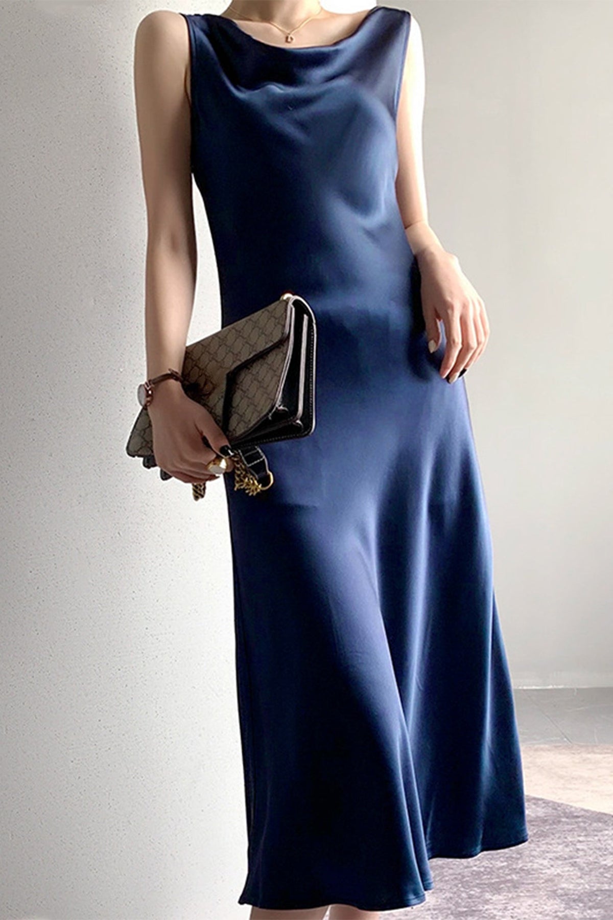 22 Momme Silk Sleevelss Cowl Neck Midi Dress