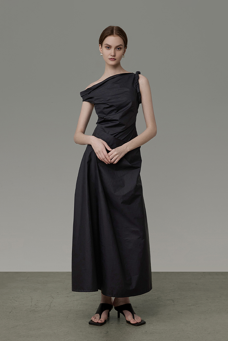 Asymmetric Black Sleeveless One Shoulder Maxi Dress