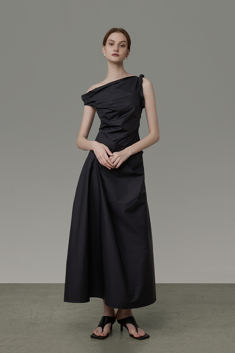 Asymmetric Black Sleeveless One Shoulder Maxi Dress