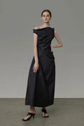 Asymmetric Black Sleeveless One Shoulder Maxi Dress