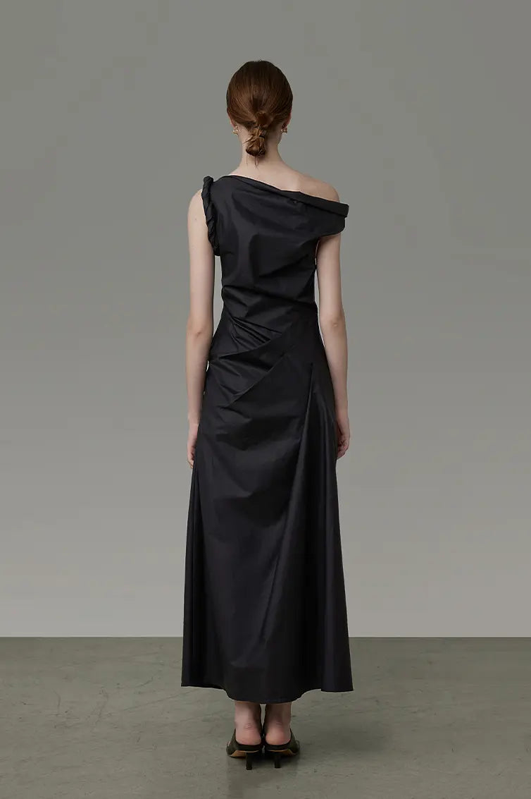 Asymmetric Black Sleeveless One Shoulder Maxi Dress