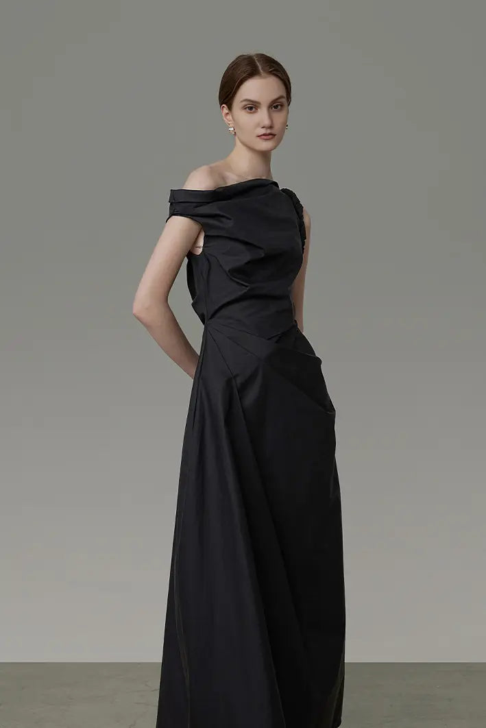 Asymmetric Black Sleeveless One Shoulder Maxi Dress